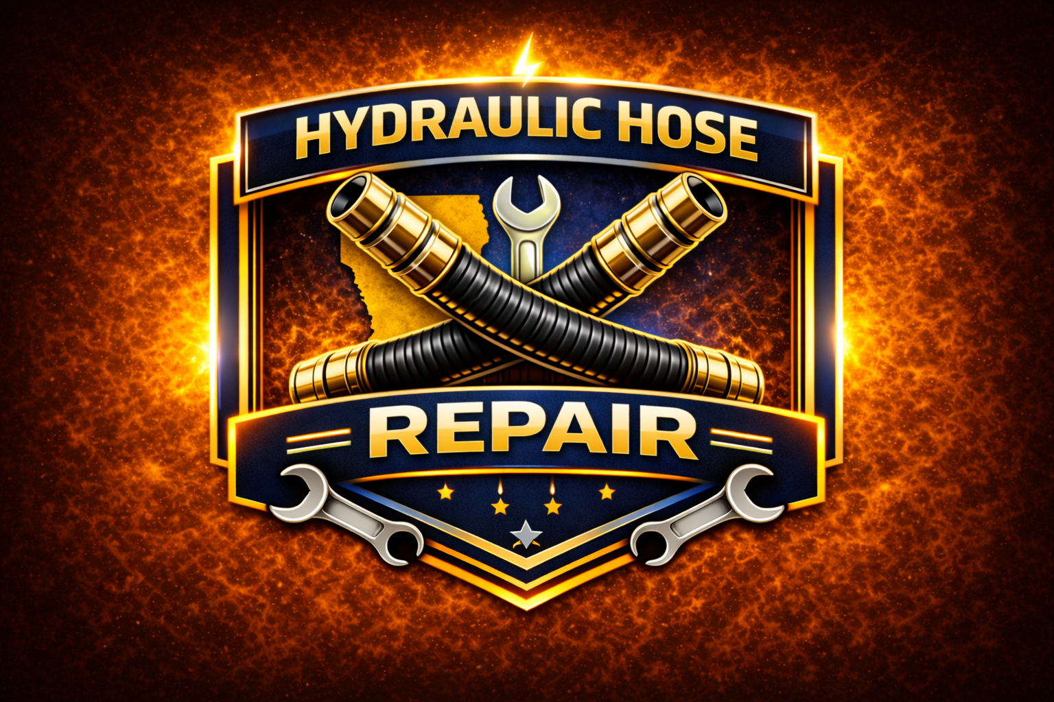 A glowing emblem with the text “Hydraulic Hose Repair,” featuring crossed hoses, a wrench, and metallic accents over a fiery orange background, proudly representing A & T Motor Company LLC. Houma.