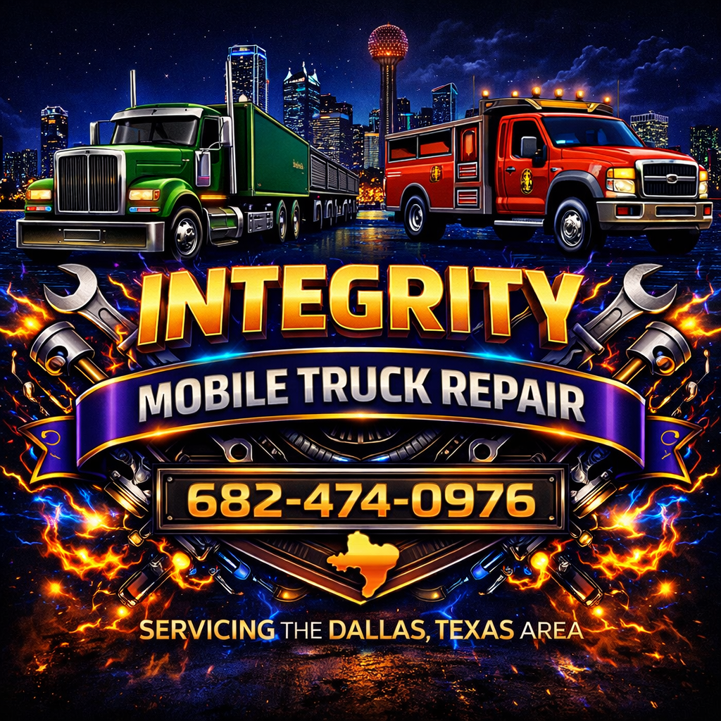 A vibrant ad for Integrity Mobile Truck Repair shows a green semi-truck and a red fire truck against a lit Dallas skyline. The ad includes the phone number 682-474-0976 and highlights service in the Dallas, Texas area.