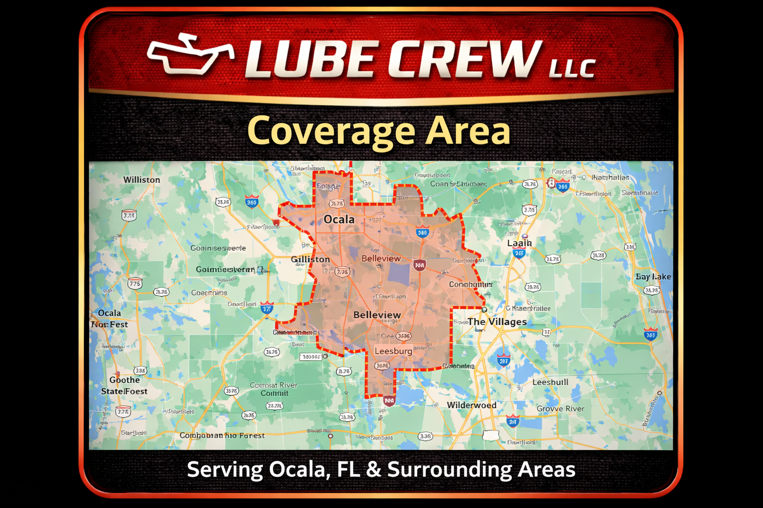 A map shows Lube Crew LLCs coverage area centered around Ocala, Florida, highlighted in red, with nearby cities and highways labeled. Banner reads Serving Ocala, FL & Surrounding Areas.