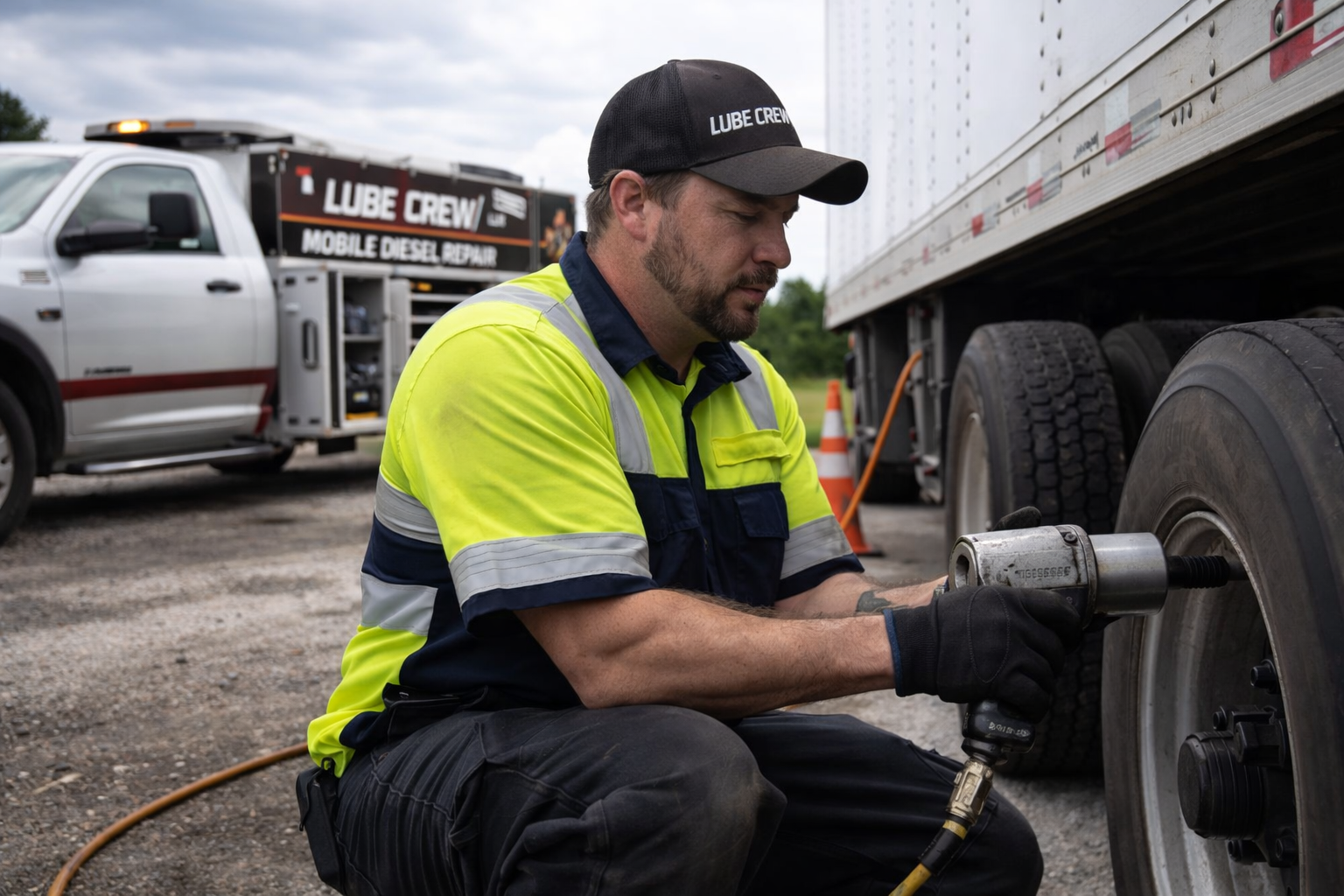 A mechanic in a yellow and navy uniform uses a power tool to work on the tire of a large truck. A Lube Crew mobile diesel repair vehicle is parked nearby.