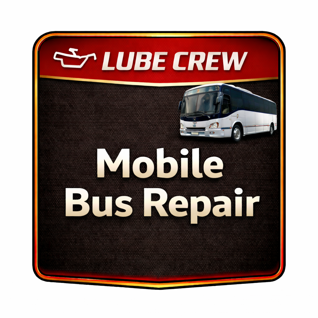 A sign with a red and black background that reads Lube Crew at the top with an oil can icon, and below, Mobile Bus Repair next to an image of a bus.