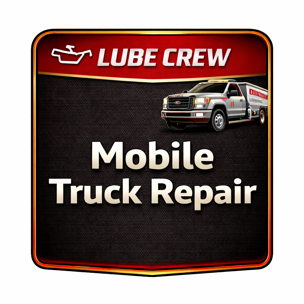 A badge-shaped logo with LUBE CREW at the top, a small oil can icon, an image of a service truck, and bold text below that reads Mobile Truck Repair.