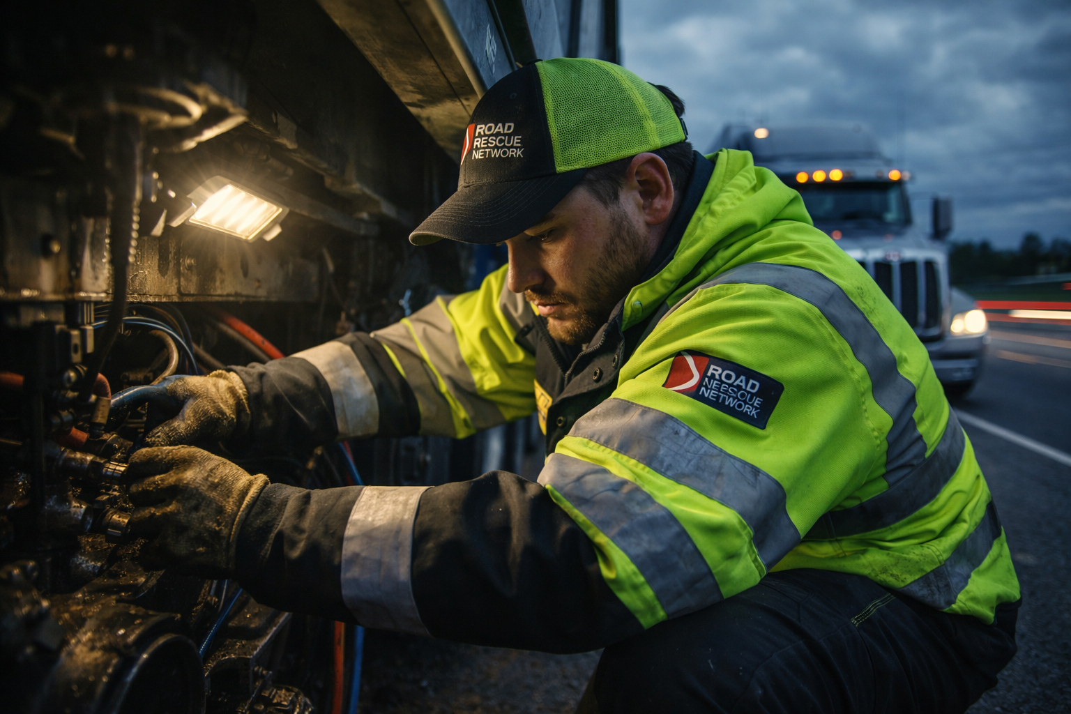 A roadside mechanic in a neon yellow reflective jacket and cap repairs a truck at dusk, illuminated by a work light, with a large semi-truck parked in the background on the highway.