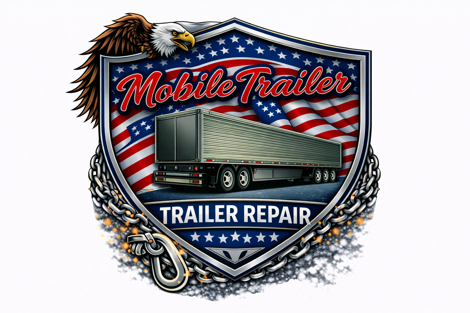 A shield-shaped logo with an American flag background, a large trailer truck, and the text Mobile Trailer Trailer Repair. An eagle and a chain border decorate the shield, highlighting Stafford Truck Repair LLC Fredericksburg expertise.