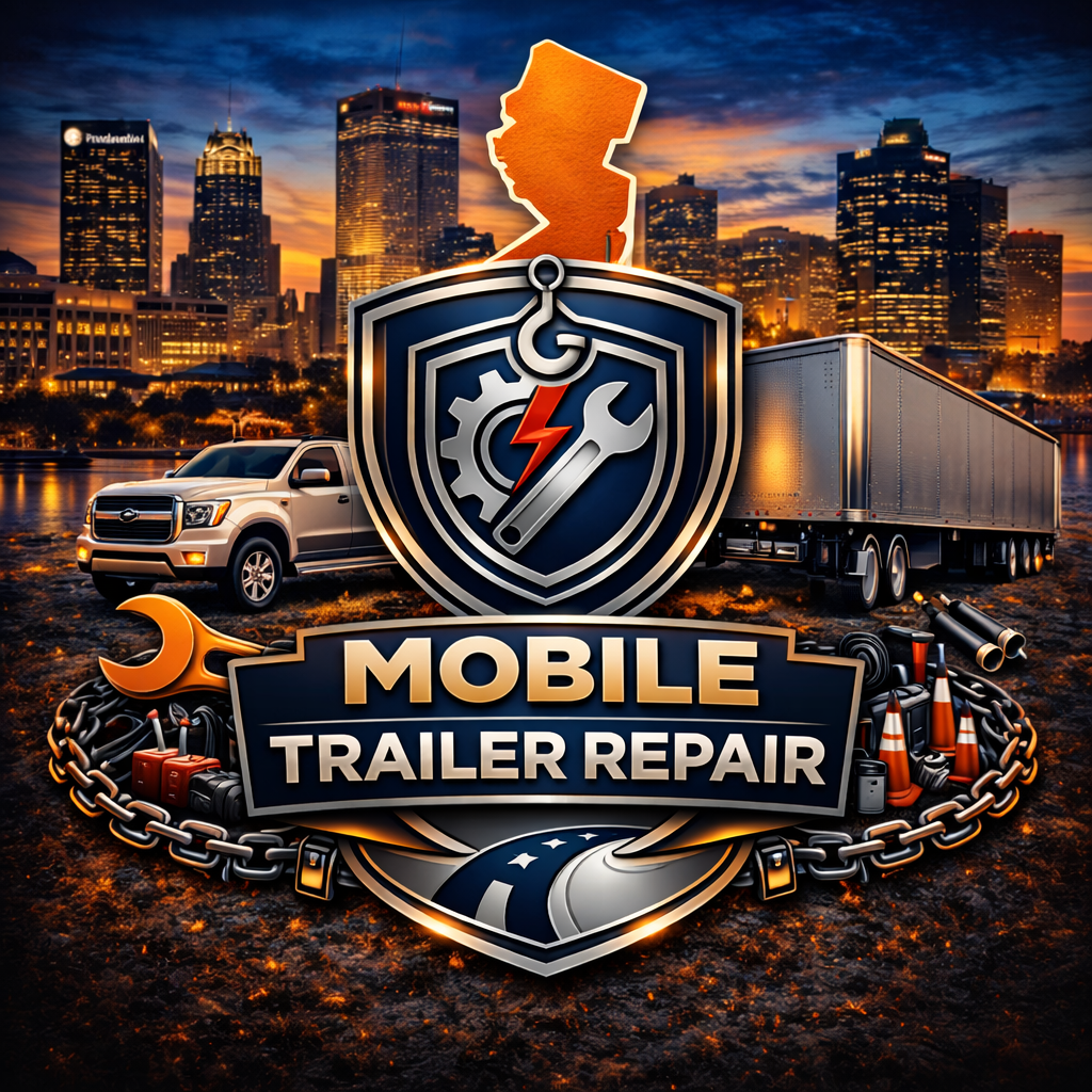 Badge-style logo for “Mobile Trailer Repair” features a shield with a wrench and lightning bolt, set against a city skyline, trucks, tools, and the New Jersey state outline—highlighting Valentin's Truck Repair Newark at the top.