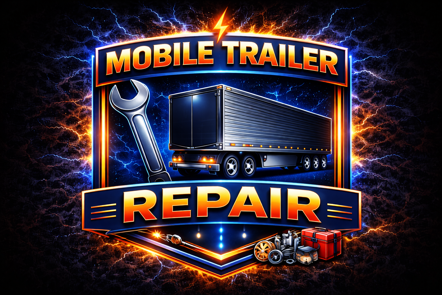 A vibrant logo featuring a large wrench, a semi-trailer, and bold “Mobile Trailer Repair” text. Electric blue and orange accents shine, with repair tools at the bottom. Proudly serving as OTW Towing LLC Raeford’s trusted mobile solution.