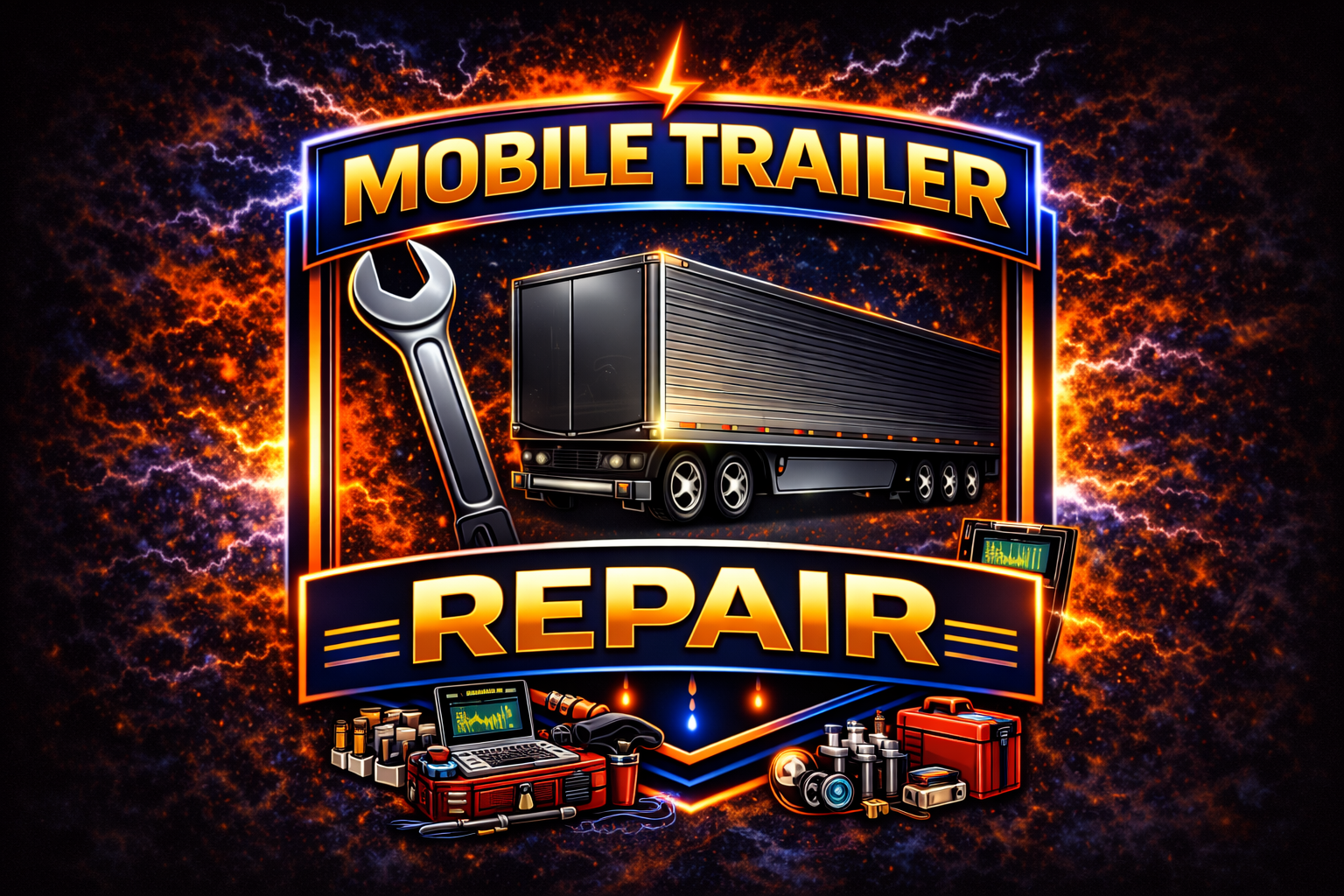 A bold, colorful logo features a semi-trailer, wrench, repair tools, and the words Mobile Trailer Repair set against a vibrant, electrified background—perfect for LCG Fleet Command Services Florence.