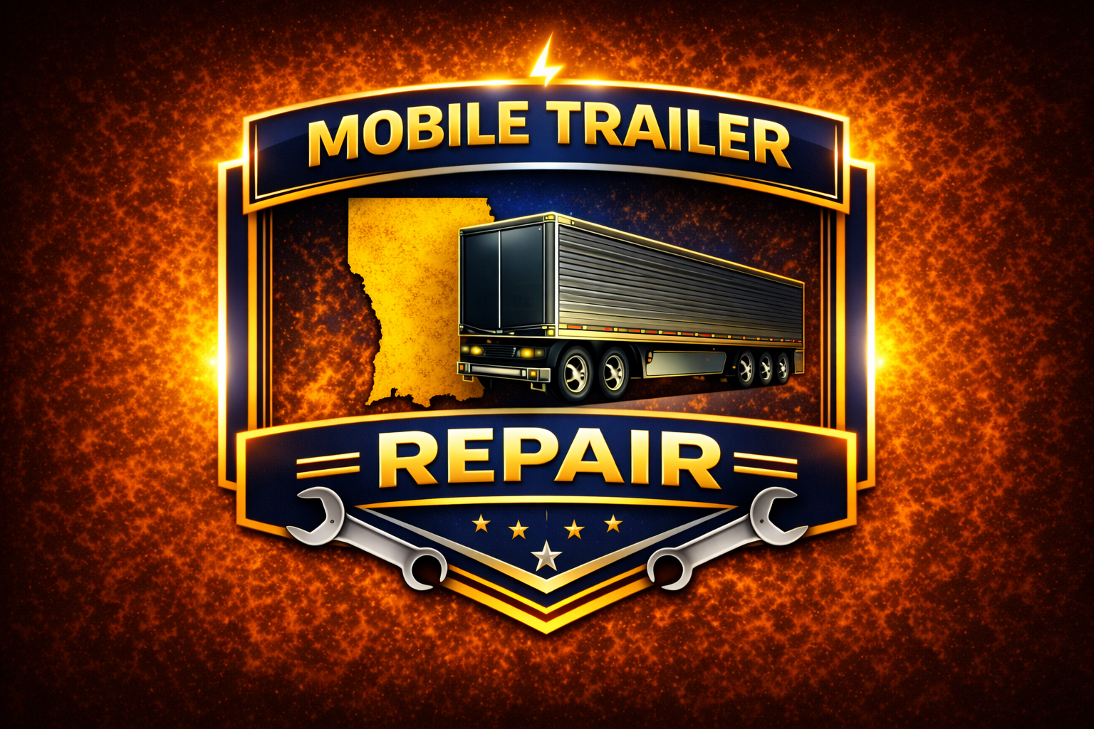 Logo featuring a large trailer truck, a yellow map outline, and bold text reading Mobile Trailer Repair for A & T Motor Company LLC. Houma, with two wrenches and a star design on a fiery orange background.