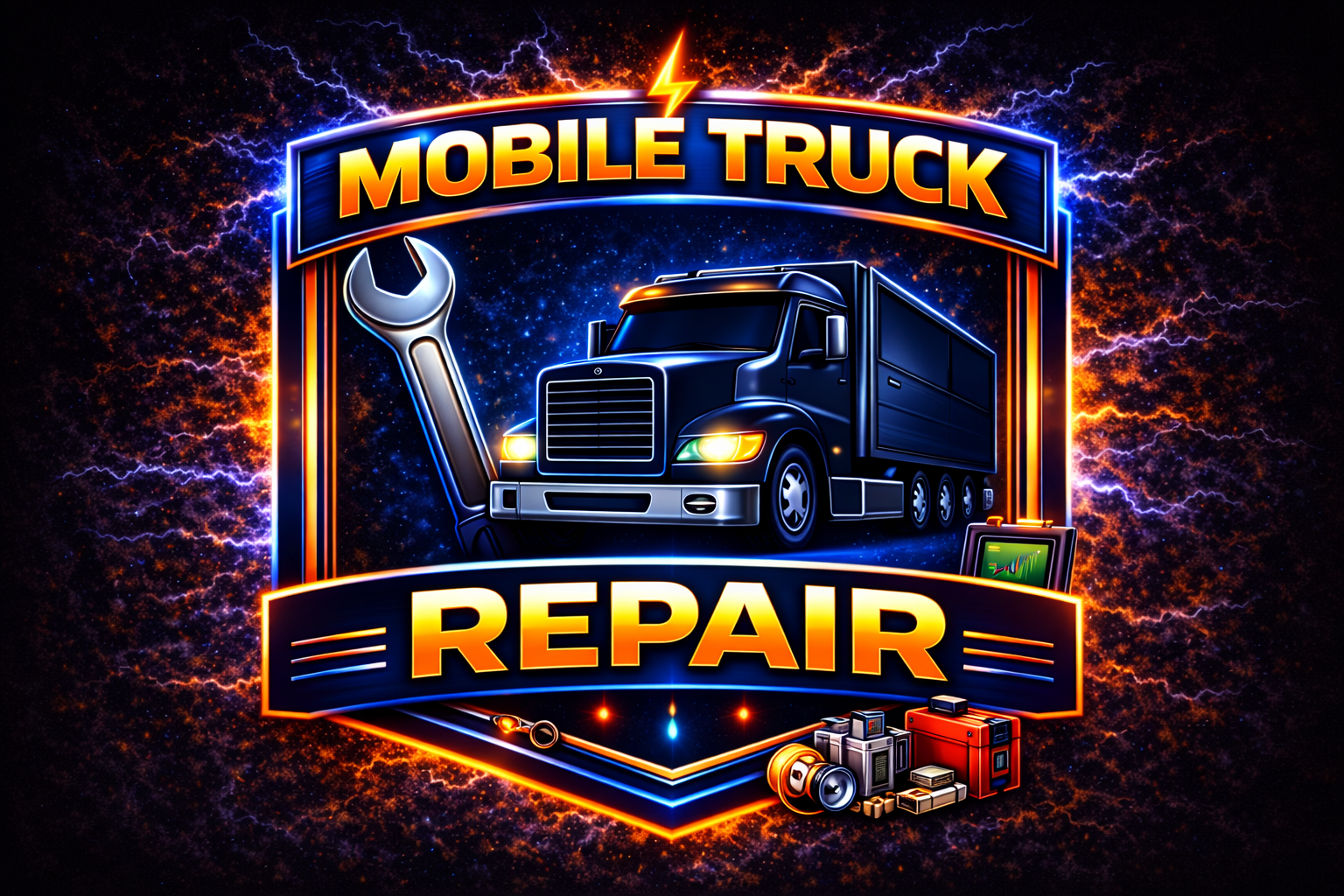 A vibrant logo for OTW Towing’s mobile truck repair service featuring a large truck, a wrench, and mechanical tools with “Mobile Truck Repair LLC Raeford” in bold, glowing letters against an electric, energetic background.