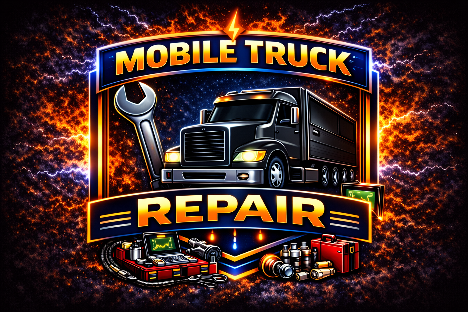 A bold logo features a large black truck, a wrench, and engine parts, with Mobile Truck Repair and LCG Fleet Command Services Florence in bright, stylized text. The background is electric and dynamic with orange, blue, and lightning effects.