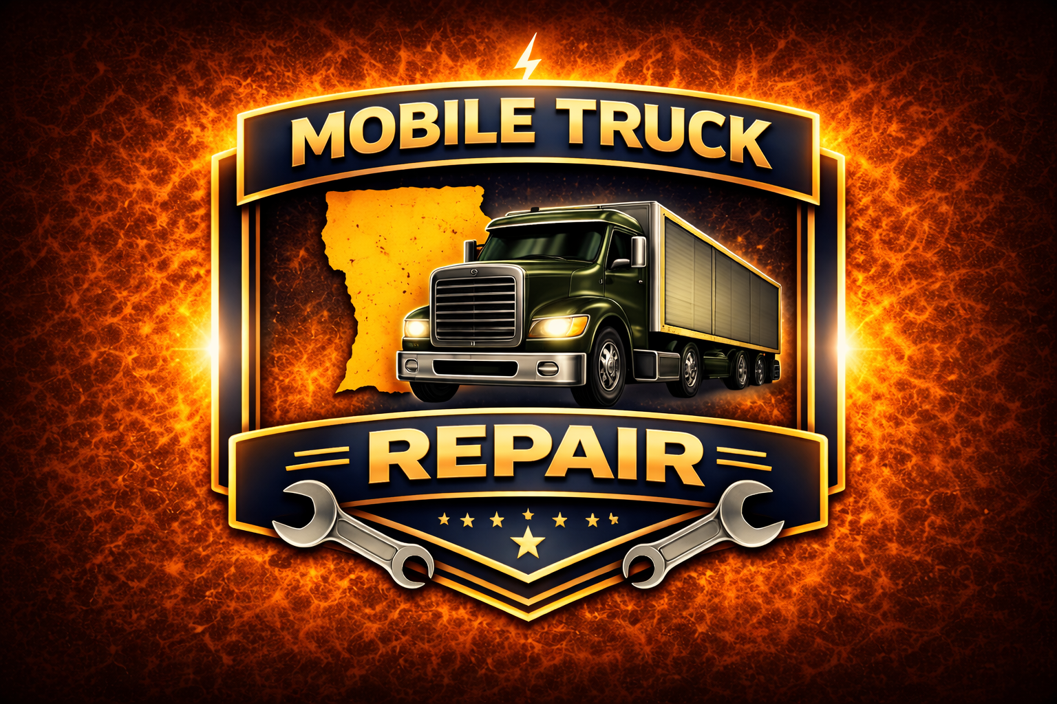 Illustration of a black and green semi-truck with a trailer, set against a fiery orange background. Text reads Mobile Truck Repair with two wrenches and a shield-like frame, highlighting A & T Motor Company LLC. Houma.