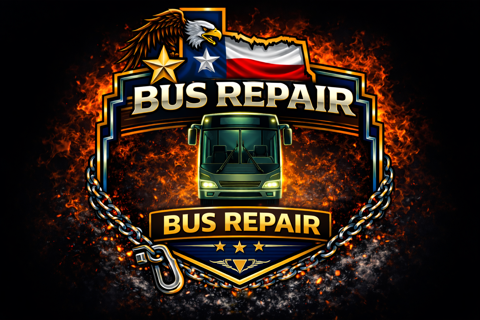 A fiery logo featuring a Texas flag, an eagle, gold stars, and a chain encircling a glowing bus with bold text that reads Bus Repair above and below the bus, representing Lonestar Recovery & Towing LLC Brownwood.