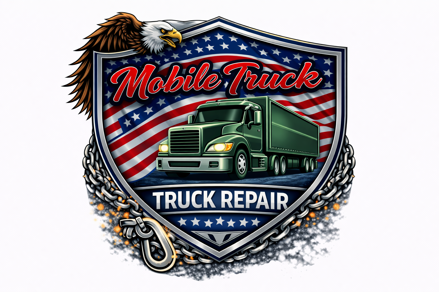 A shield with an American flag background, a green semi-truck, and the words "Mobile Truck Truck Repair" and "Stafford Truck Repair LLC Fredericksburg." An eagle and chains border the shield, with a large hook at the bottom.