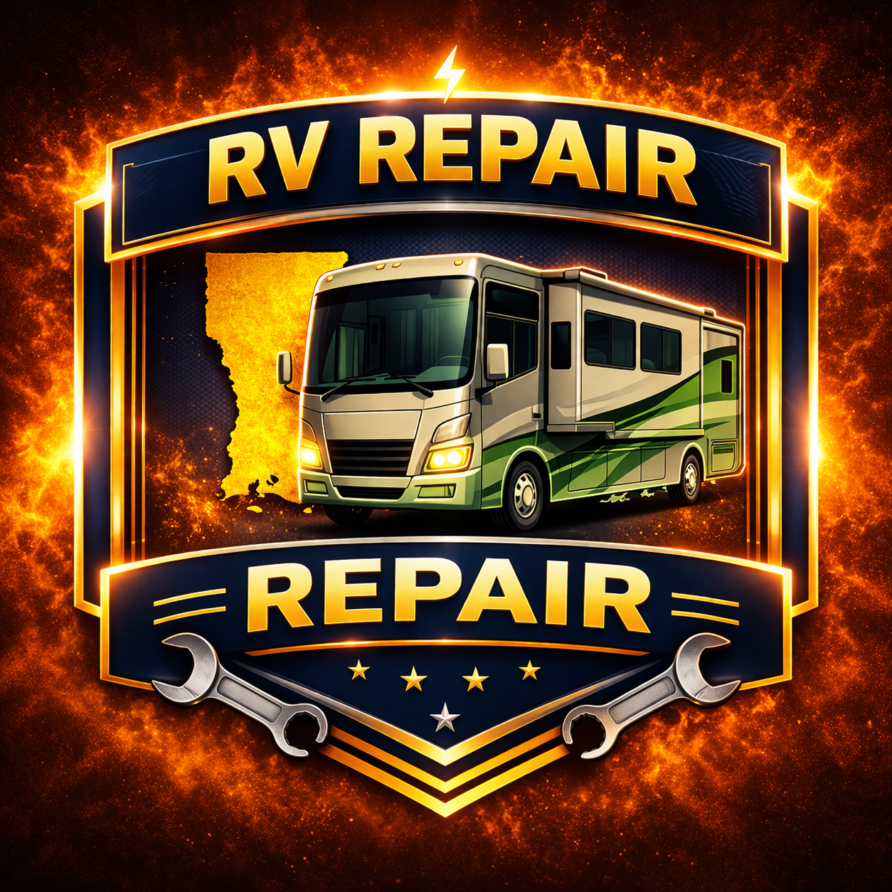 A badge-style logo with RV Repair in bold letters above and below a green and white RV, set against a fiery background with wrenches and stars, showcases A & T Motor Company LLC. Houma's professional RV repair services.