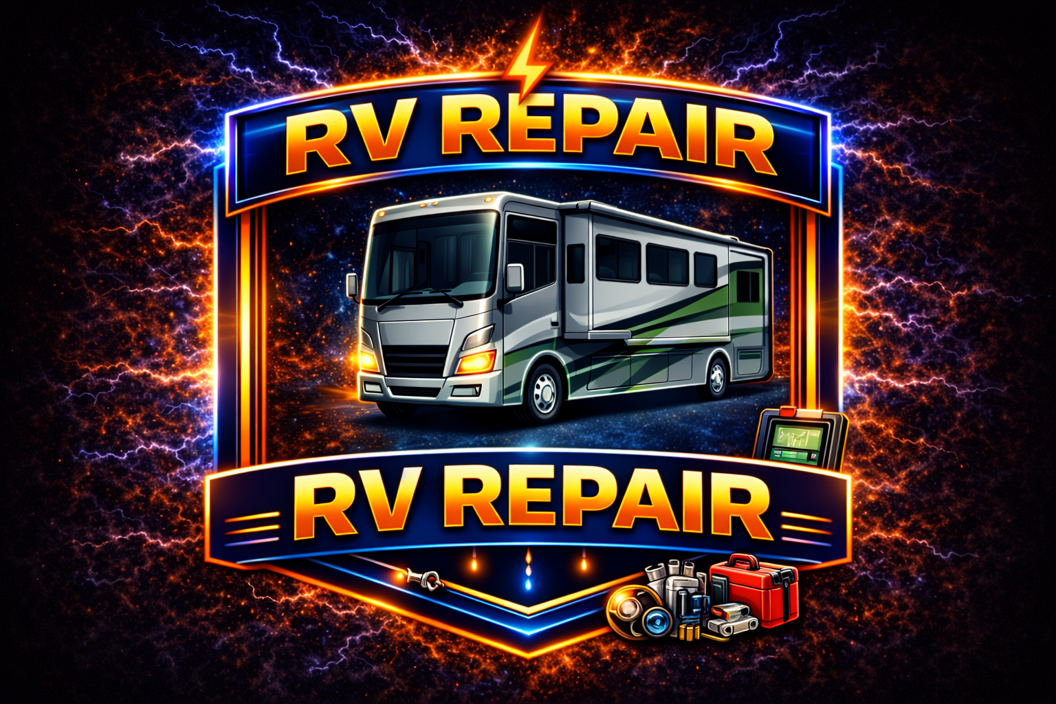 A vibrant digital graphic featuring a large RV at the center, surrounded by “RV REPAIR” above and below, with tools and equipment in the foreground and an electric, fiery background—perfect for OTW Towing, LLC Raeford.