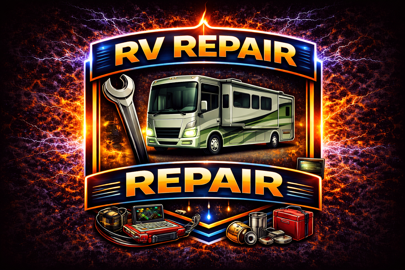 A bold RV repair sign features a large motorhome, a wrench, repair tools, toolboxes, and a diagnostic laptop—showcasing the energy of LCG Fleet Command Services Florence against a fiery background with electric accents.