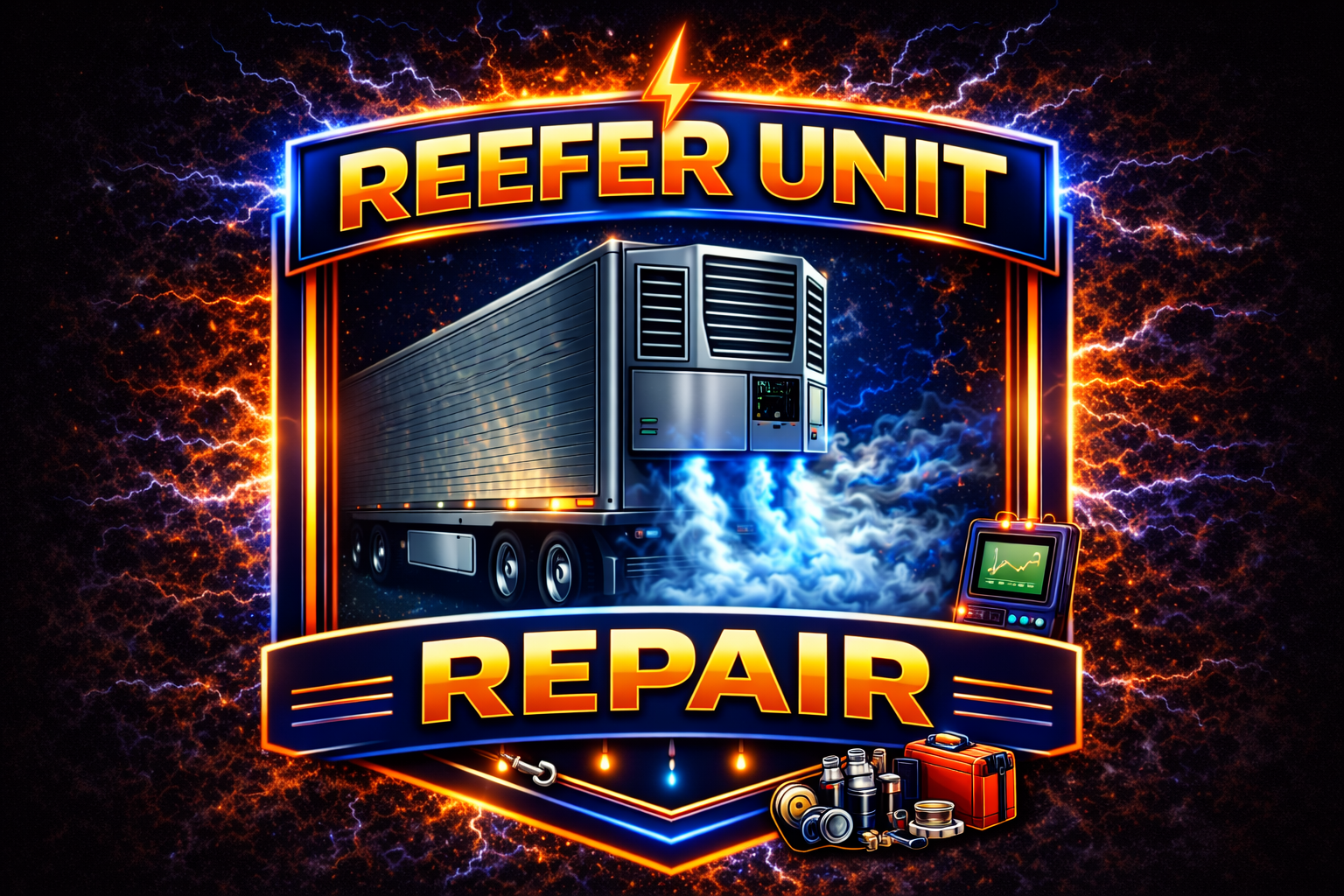 A glowing sign reads Reefer Unit Repair with a refrigerated truck, icy mist, repair tools, and diagnostic equipment—highlighted by electric blue and orange lightning effects—by LLC Raeford and OTW Towing.