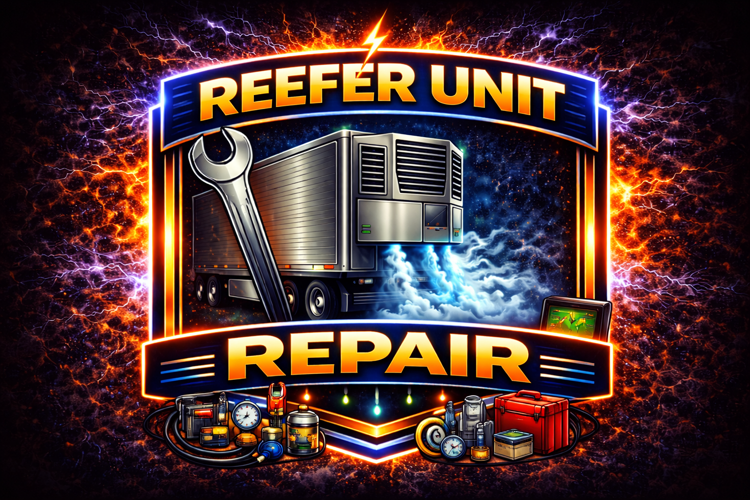 A glowing sign reads Reefer Unit Repair above an illustrated refrigerated trailer, with a large wrench, repair tools, and electric effects—showcasing refrigeration maintenance by LCG Fleet Command Services Florence.