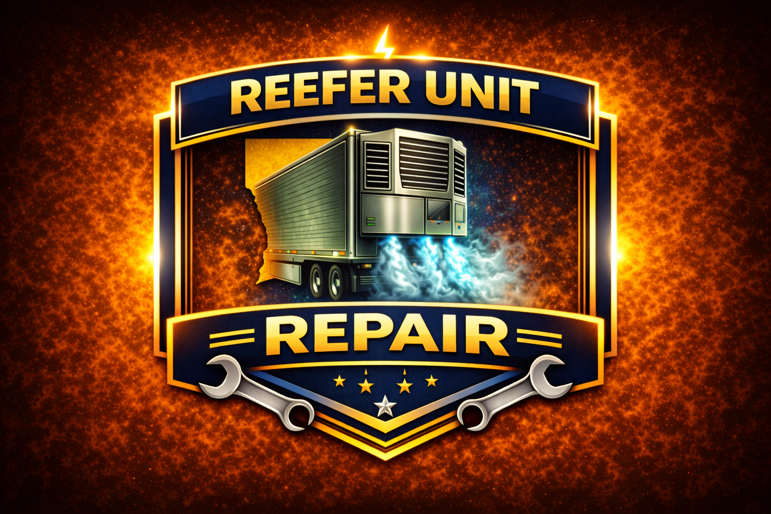 A graphic logo with “Reefer Unit Repair” text, a refrigerated trailer emitting blue vapor, two wrenches, and a star motif set against a glowing orange background, representing A & T Motor Company LLC. Houma.