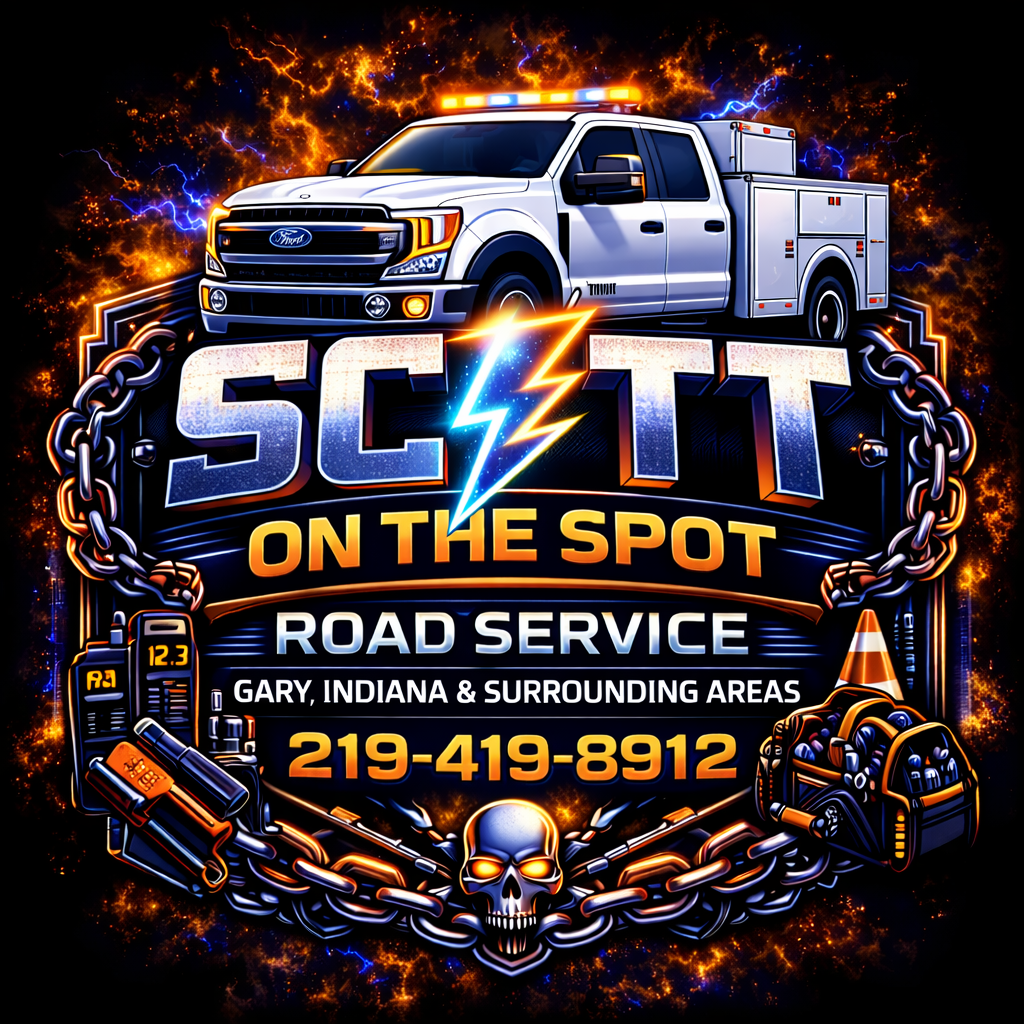 A bold graphic ad for “Scott On The Spot Road Service” featuring a white service truck, chains, a lightning bolt, tools, and a skull. It lists Gary, Indiana, and nearby areas, plus phone number 219-419-8912.