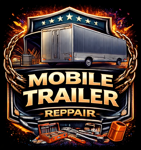 Shield-shaped logo featuring a large mobile trailer, gold laurel border, and bold text reading Mobile Trailer Repair. Tools and repair equipment are displayed at the bottom. Background has an orange fiery effect.