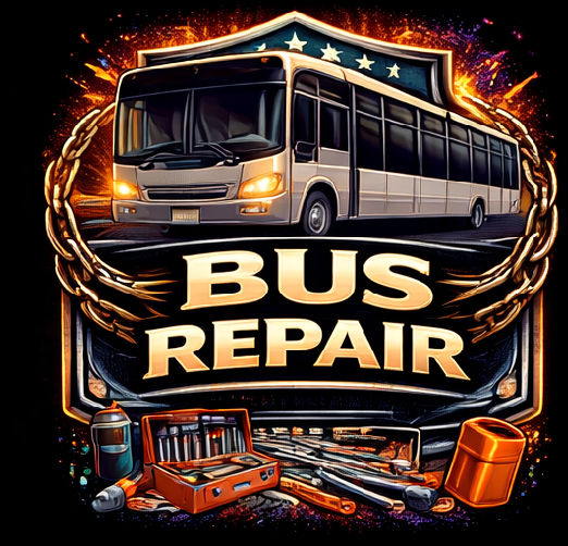 A graphic showing a large bus above the words Bus Repair, surrounded by a gold wreath, stars, and various repair tools and equipment at the bottom, all set against a vibrant, glowing background.
