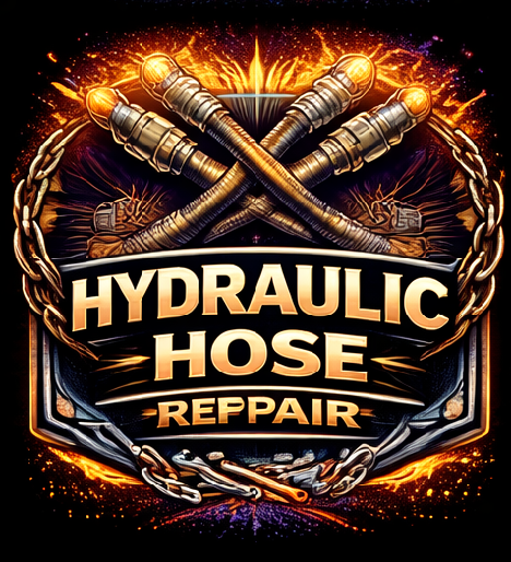 A bold emblem features crossed hydraulic hoses, golden chains, and sparks, with the text HYDRAULIC HOSE REPAIR prominently displayed in gold lettering at the center.