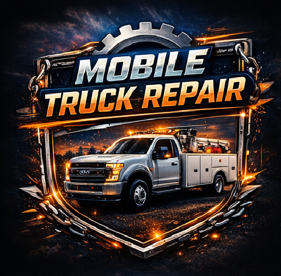 A silver service truck is centered within a metallic shield emblem, surrounded by chains and gears, with the bold text Mobile Truck Repair above it against a dark, dramatic background.