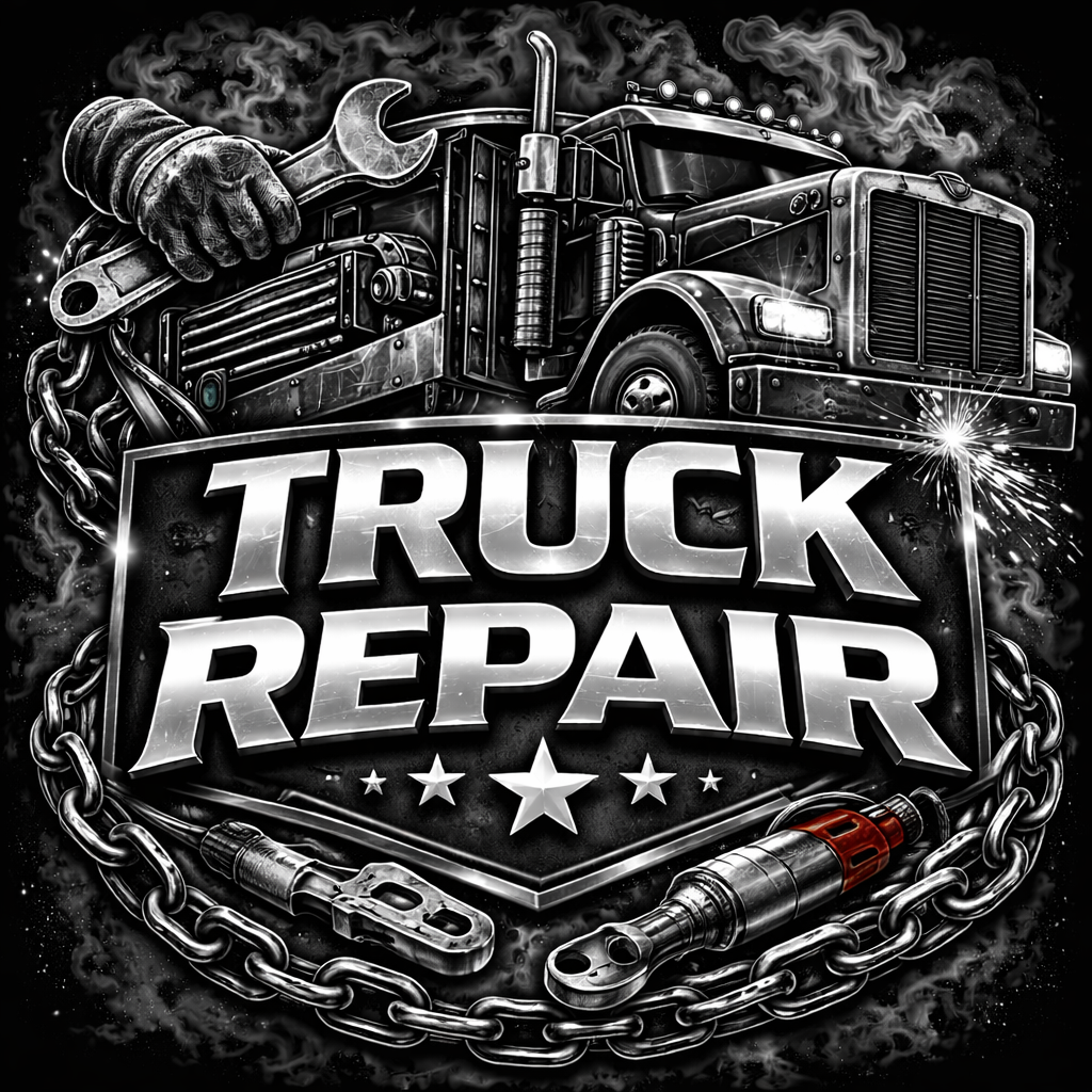 Illustration of a large truck with repair tools, a chain, and sparks in the background. Bold text in the center reads TRUCK REPAIR with stars beneath, suggesting a mechanical or repair service.