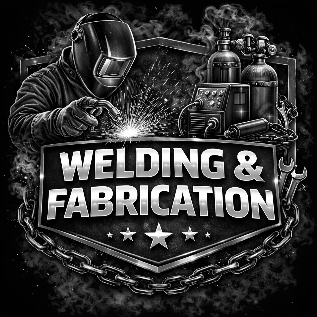 A welder in protective gear welds metal near gas tanks and welding equipment, with Welding & Fabrication in bold letters on a shield, surrounded by chains, tools, and stars.