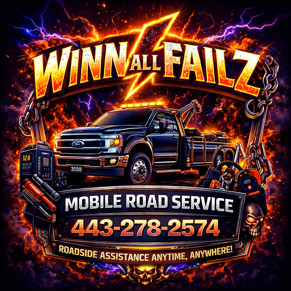 A dramatic, fiery advertisement for Winn All Failz Mobile Road Service features a black tow truck, chains, and lightning. It includes a phone number, 443-278-2574, and promises roadside assistance anytime, anywhere.