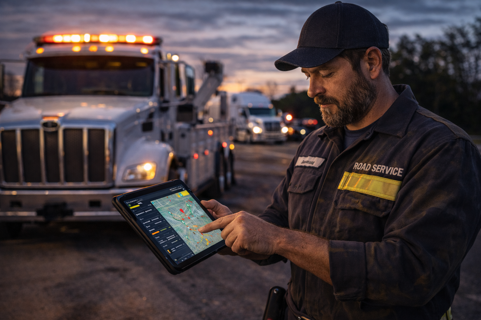 A man in a Road Service uniform uses a tablet with a map displayed, standing in front of a tow truck with flashing lights at dusk. Other service vehicles are visible in the background.