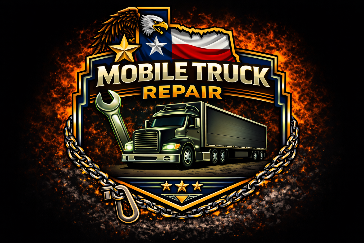 A logo featuring a semi-truck, wrench, Texas flag, golden eagle, and stars, encircled by a heavy chain, with “Mobile Truck Repair” and “Lonestar Recovery & Towing LLC Brownwood” in bold letters on a fiery background.