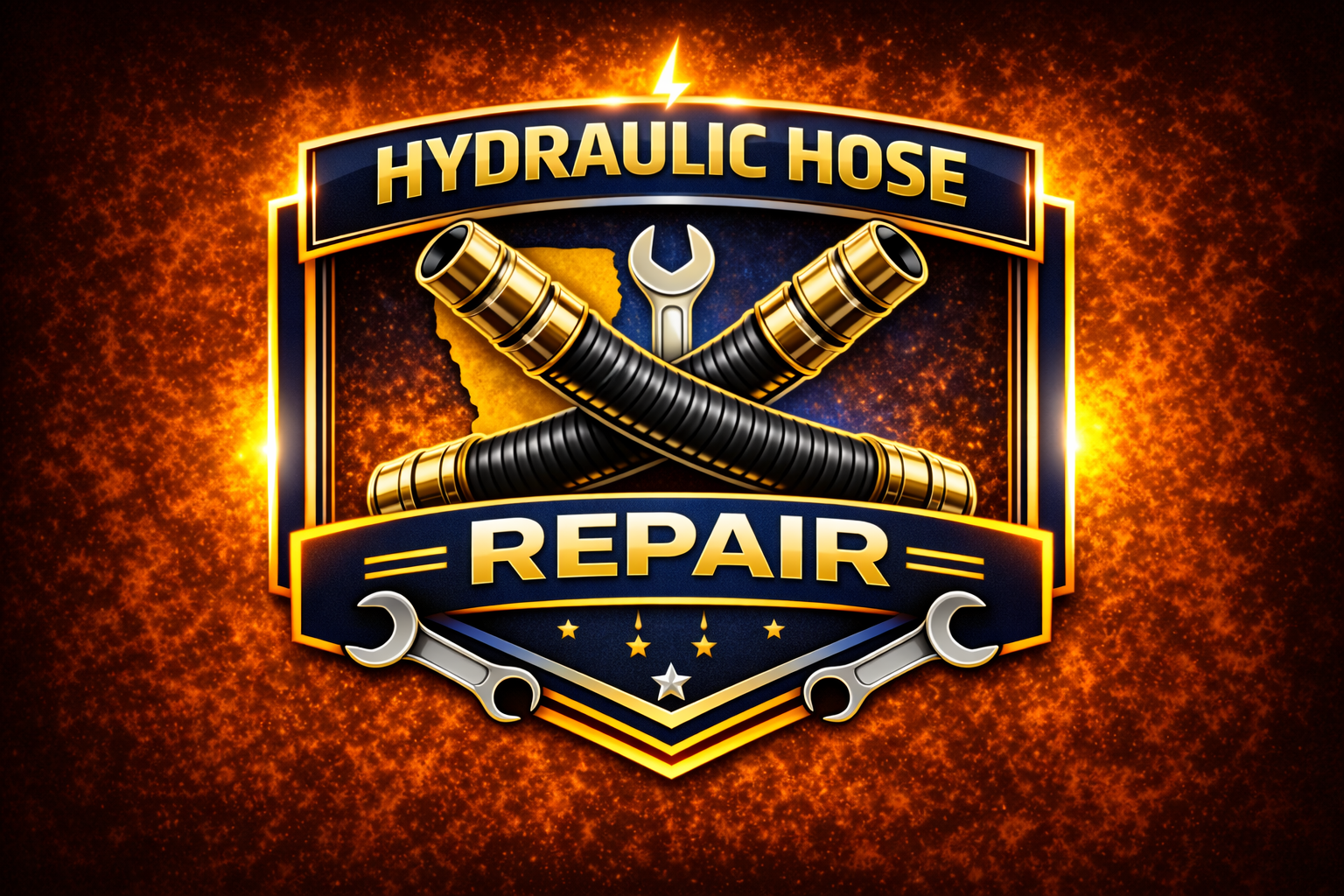 A bold emblem with Hydraulic Hose Repair text, featuring two crossed hydraulic hoses and wrenches, set against a glowing, fiery background with a shield shape and star accents.