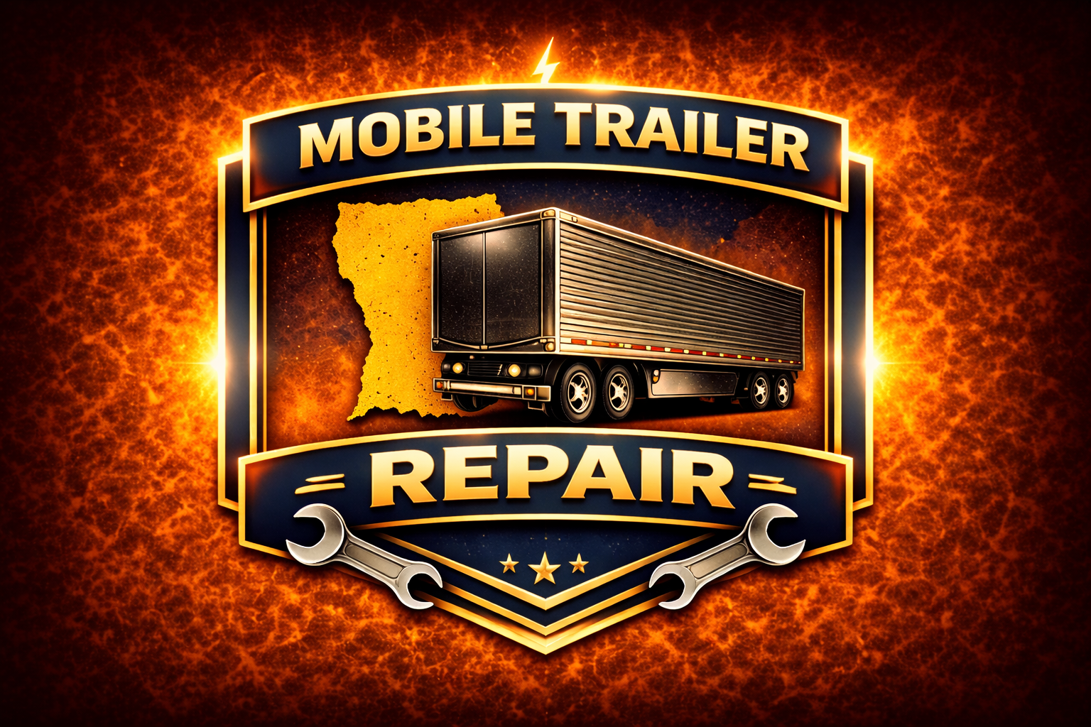 A glowing badge-style logo with a trailer truck, a map outline, and bold text reading Mobile Trailer Repair, featuring two wrenches and a fiery background.