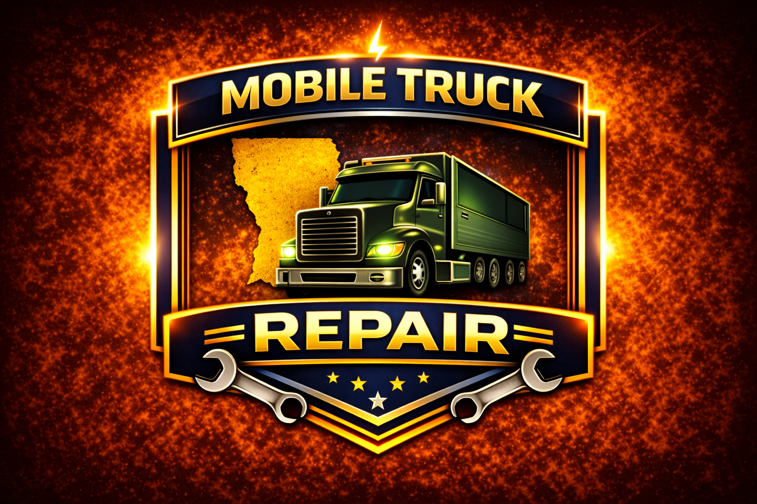 A logo with Mobile Truck Repair text, a large green semi-truck, a yellow state outline, two wrenches, and a starry background with glowing orange and yellow effects.